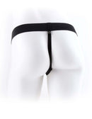Adjustable black strap-on harness on mannequin, back view.
