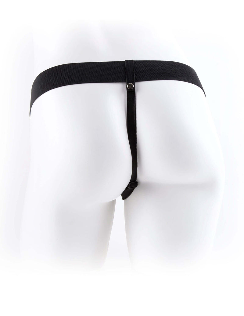 Adjustable black strap-on harness on mannequin, back view.
