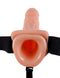 Fetish Fantasy 11" Vibrating Hollow Strap-On in Light Skin Tone Beige with black straps, featuring realistic design and lifelike balls.