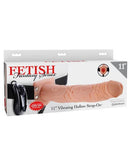 Fetish Fantasy 11" Vibrating Hollow Strap-On in Light Skin Tone Beige packaging with realistic design and remote control.