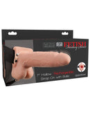 Fetish Fantasy 7 inches Hollow Vibrating Strap On Beige packaging featuring a rechargeable design and vibrant colors.
