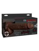 Fetish Fantasy 9 inch Hollow Squirting Strap On with Balls Brown packaging with realistic design and features.