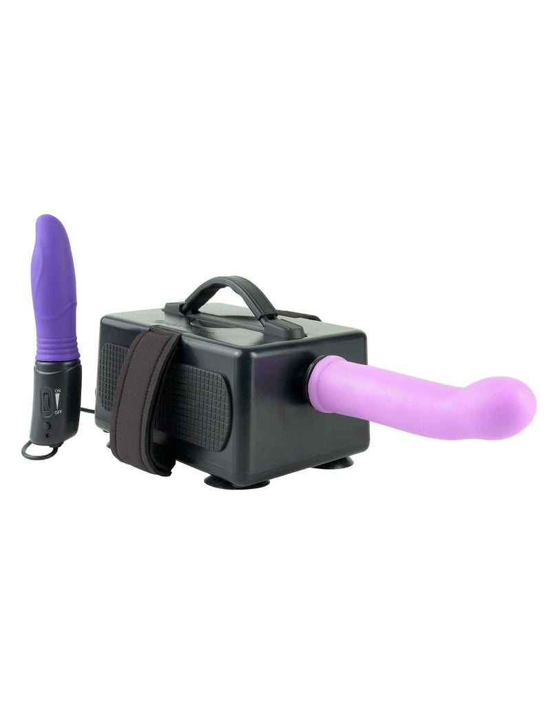 Portable vibrating USB-powered sex machine kit with two dildos, perfect for travel and instant satisfaction.
