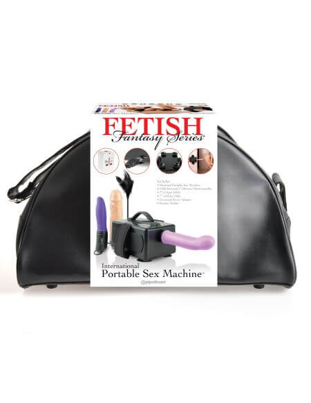 Fetish Fantasy Series Portable Sex Machine Kit, black carrying case, includes two dildos, travel-friendly design.