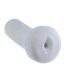 PDX Male Pump & Dump Stroker Clear, a compact and textured male stroker designed for an immersive experience.