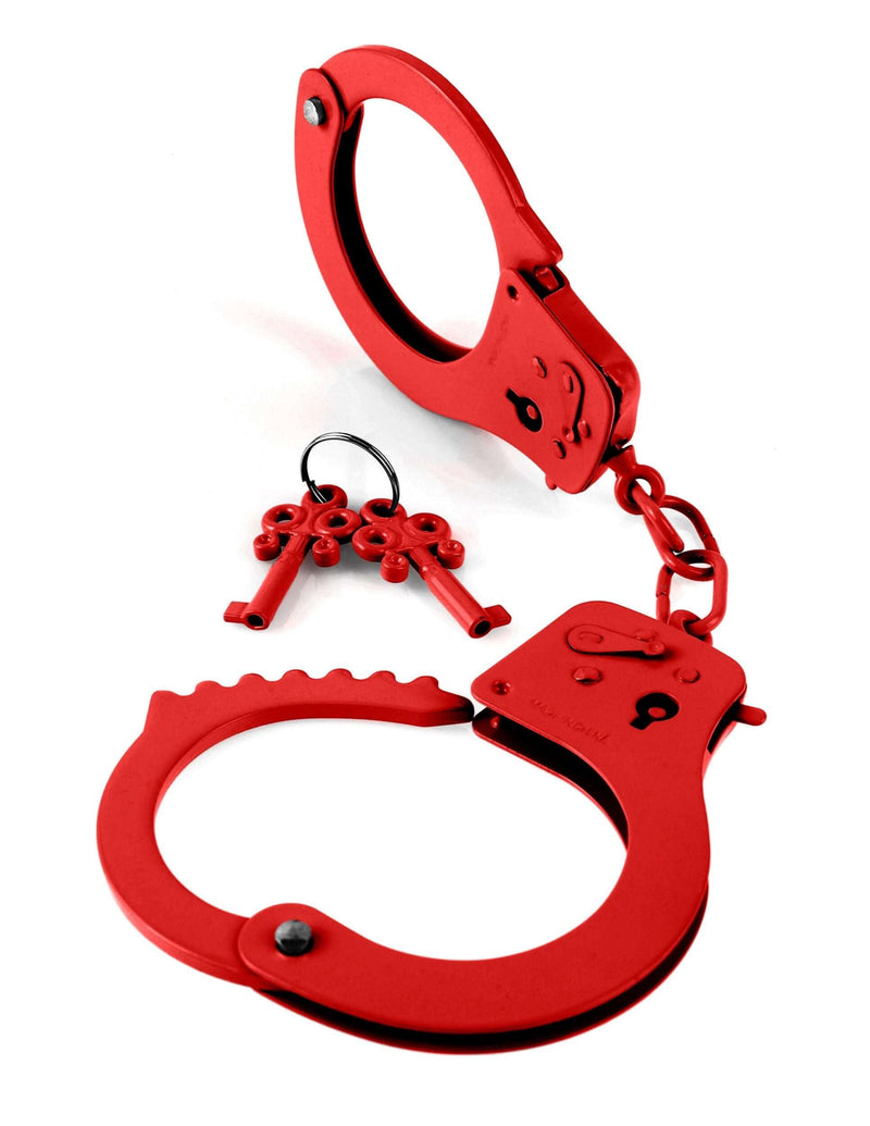 Designer red metal handcuffs by Pipedream with keys, durable bondage gear for playful restraint and thrill exploration.