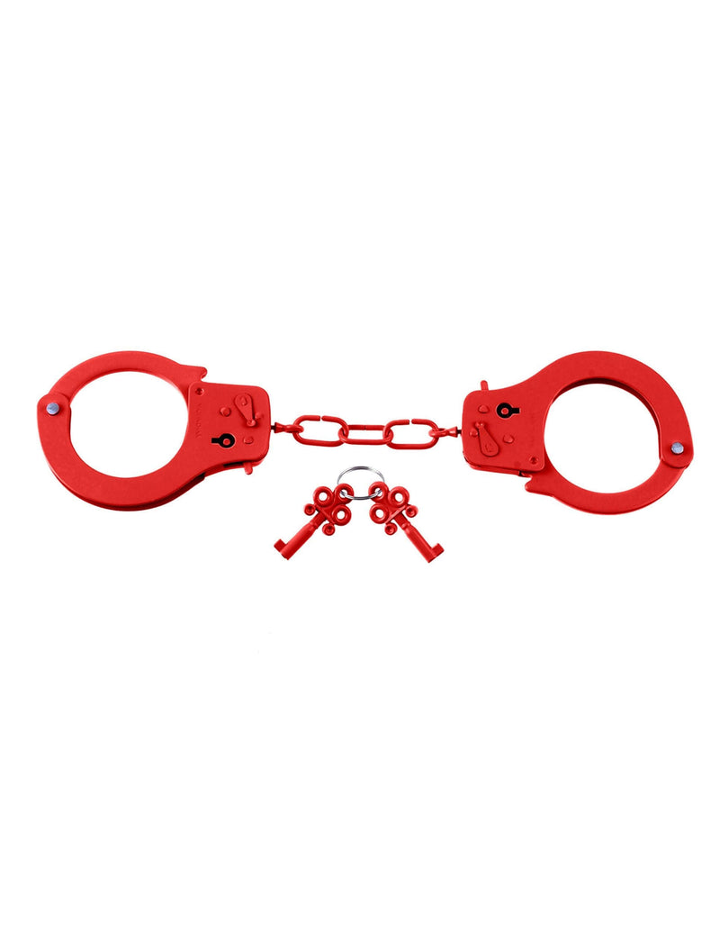 Red metal handcuffs with keys for playful restraint, Fetish Fantasy Series by Pipedream, durable bondage gear for exciting dominance play.