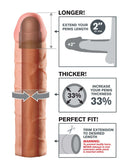 Infographic showing Fantasy X-Tensions penis extension features: 2" length increase, 33% thickness increase, and fit instructions.