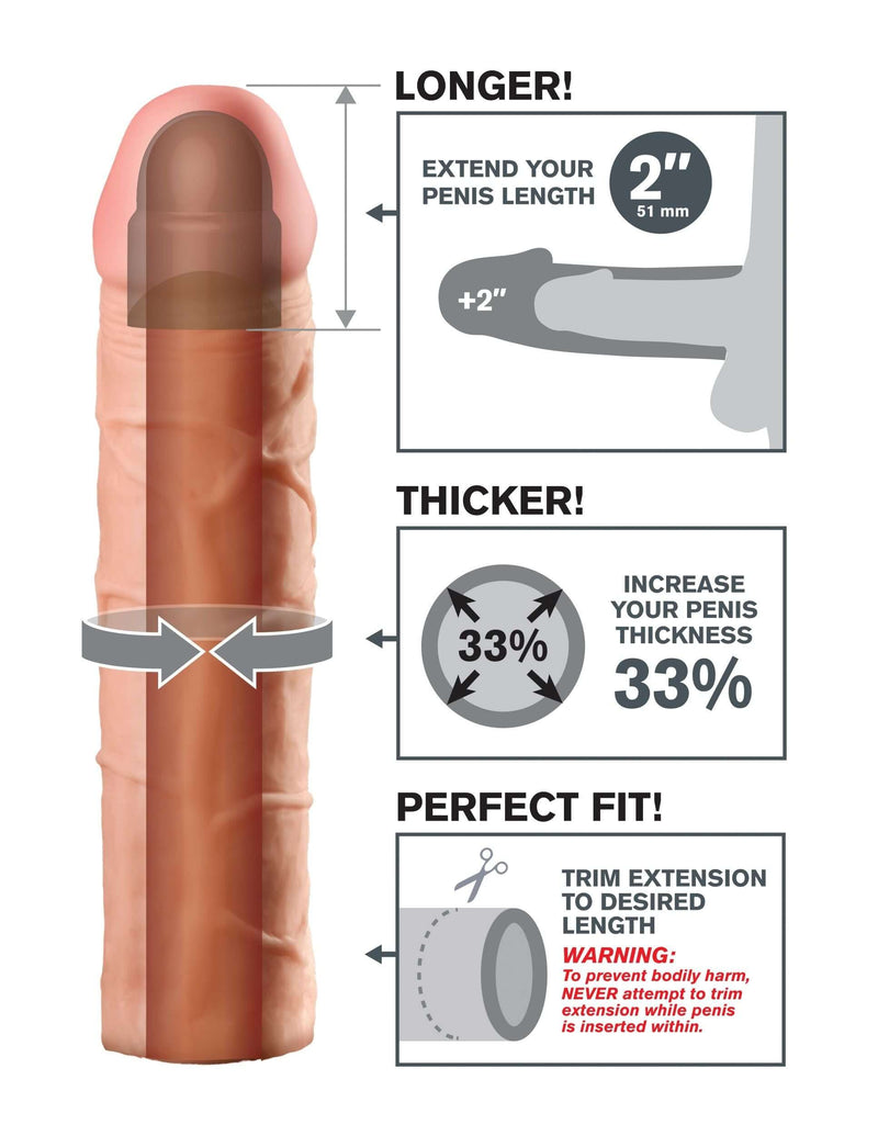 Infographic showing Fantasy X-Tensions penis extension features: 2" length increase, 33% thickness increase, and fit instructions.