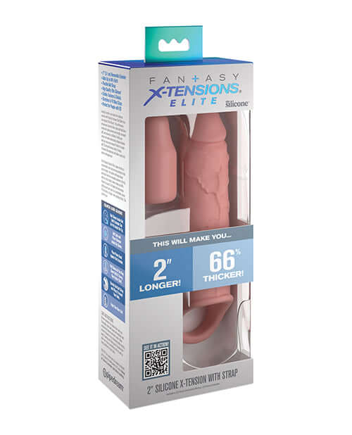 Fantasy X-Tensions Elite 6-Inch Silicone Extension by Pipedream Products in packaging, promising 2 inches longer and 66% thicker.