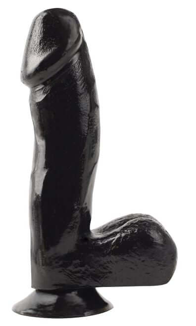 Basix Rubber Works 6.5" Ballsy Dong in black with suction cup base for versatile, lifelike pleasure and hands-free play.