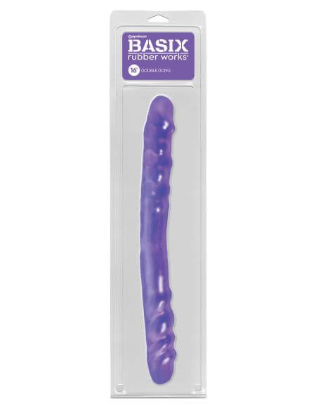 Basix Rubber Works 16-inch double dong in purple packaging, designed for flexible and comfortable use.