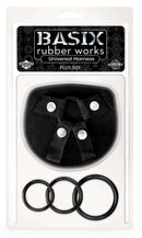 Basix Rubber Works Universal Harness Plus Size packaging with adjustable straps and rings.