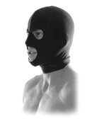Fetish Fantasy Series Limited Edition Spandex Hood Black on a model, showcasing comfort and anonymity for roleplay.