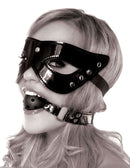 Fetish Fantasy Masquerade Mask & Ball Gag Black worn by a model, showcasing stylish bondage and visual elegance.