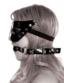 Fetish Fantasy Masquerade Mask & Ball Gag Black on a model showcasing stylish bondage features.