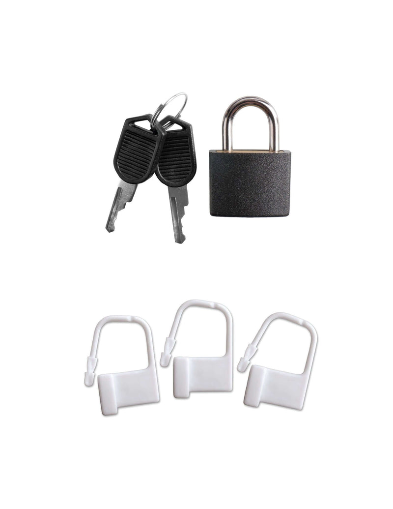 Black padlock with keys and three white security locks for chastity play.