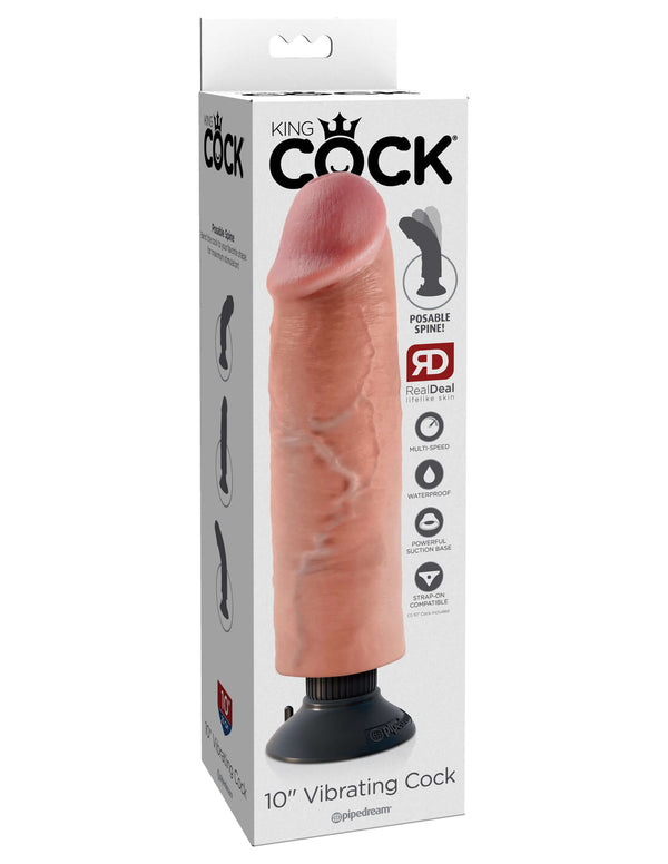 King Cock 10" Vibrating Realistic Dildo in packaging, featuring a poseable spine and realistic detailing.
