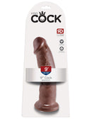 King Cock 9 inches Realistic Dildo Brown displayed on packaging showcasing its lifelike design and features.