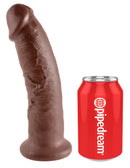 King Cock 9 inches Realistic Dildo Brown next to a can for size reference, showcasing its lifelike design and suction cup feature.