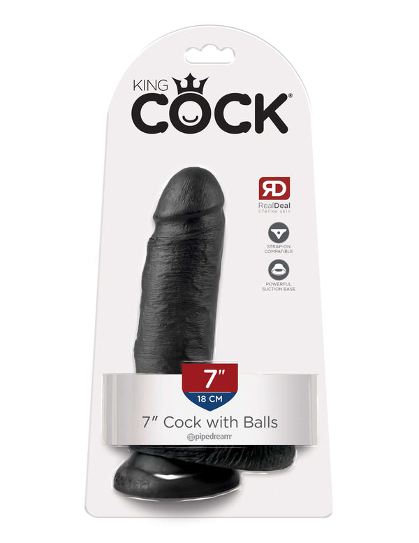 King Cock 7-inch black dildo with balls, featuring realistic design and powerful suction base from Pipedream.