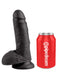 King Cock 7-inch black dildo with suction base next to a soda can for size comparison.