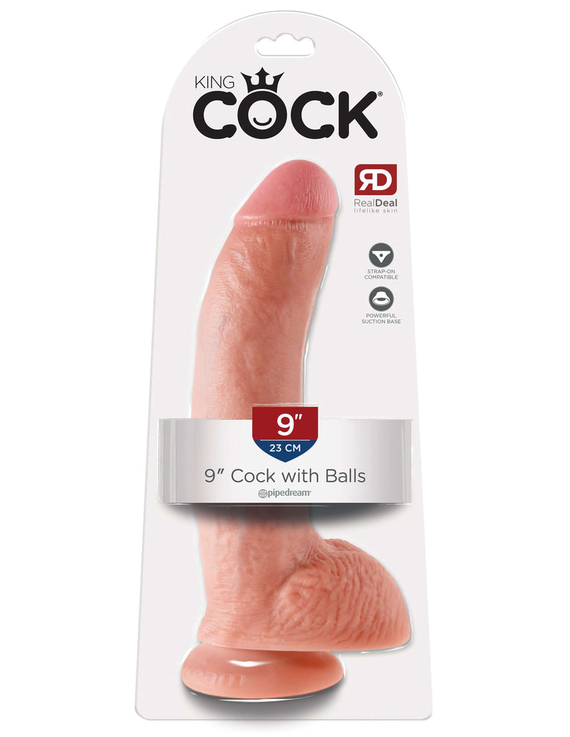 King Cock 9-inch dildo with balls in package, realistic design, flesh beige color from Pipedream Products.