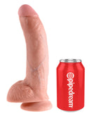 King Cock 9-inch realistic dildo next to a soda can for size comparison, showcasing detailed design and texture.