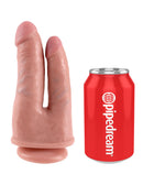 King Cock Double Penetrator Flesh Beige Dildo next to a soda can for size comparison.