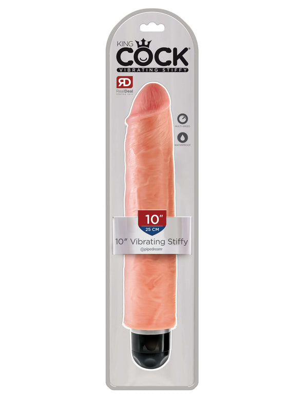 King Cock 10" Vibrating Stiffy dildo in packaging, realistic design and multi-speed feature, body safe material.