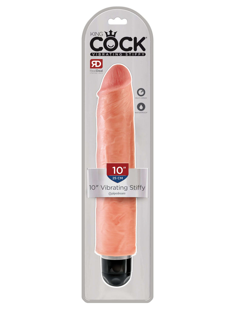 King Cock 10" Vibrating Stiffy dildo in packaging, realistic design and multi-speed feature, body safe material.