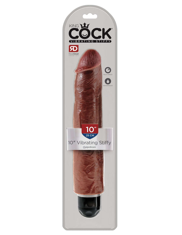 King Cock Vibrating Stiffy Dildo 10 inches in chocolate packaging for realistic pleasure.