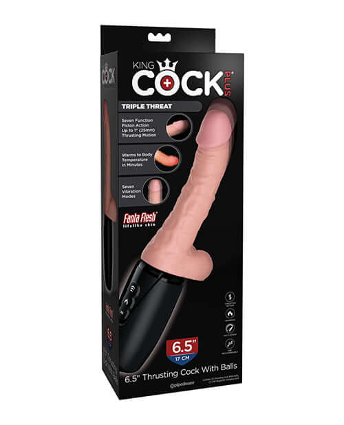 King Cock Plus Thrusting Cock with Balls 6.5 inches Vanilla, featuring thrusting motion and warming technology.