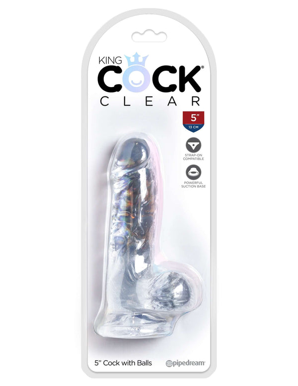 King Cock Clear 5 Inch Realistic Dildo with Balls in packaging – harness compatible, suction cup base, translucent design.