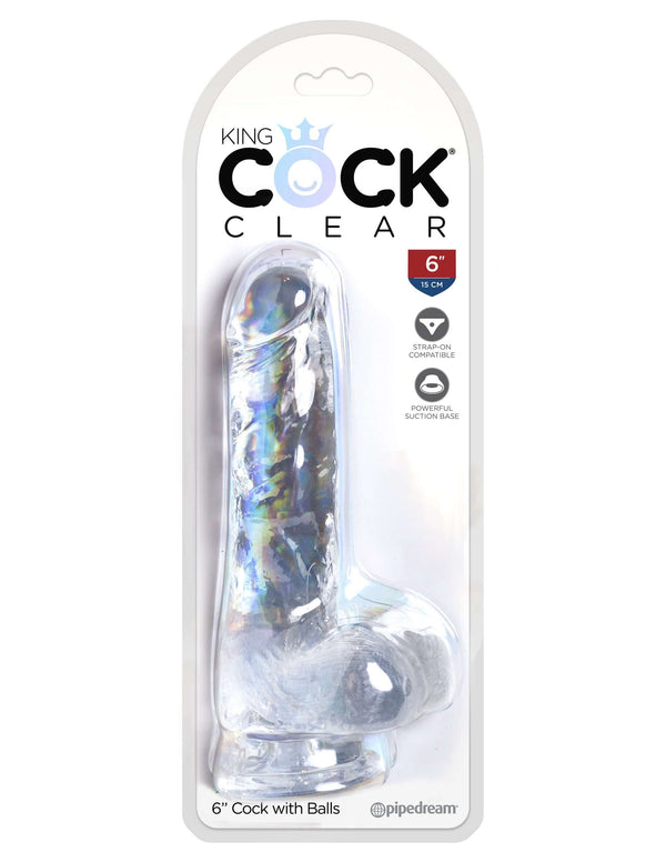 Translucent King Cock Clear 6-Inch Realistic Dildo with Balls in packaging, featuring a detailed design and suction cup base.