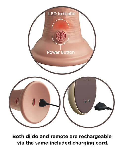 Close-up of King Cock Elite silicone dildo showing LED indicator, power button, and charging port.
