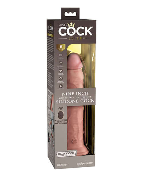 King Cock Elite 9-inch vibrating dual density silicone dildo in packaging from Pipedream Products, vanilla color.