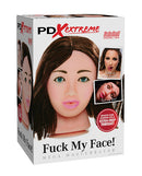 Pipedream Extreme Toyz Fuck My Face Brunette Mouth Stroker packaging with realistic features and details.