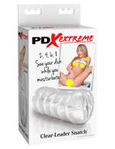 PDX Extreme Clear Leader Snatch Stroker packaging with see-through male masturbator design and visual features.