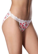 Split Back Panty L/XL Peach with lace trim and peach fruit print – Crotchless Design with Edible Lube | Sweet Treats by Magic Silk