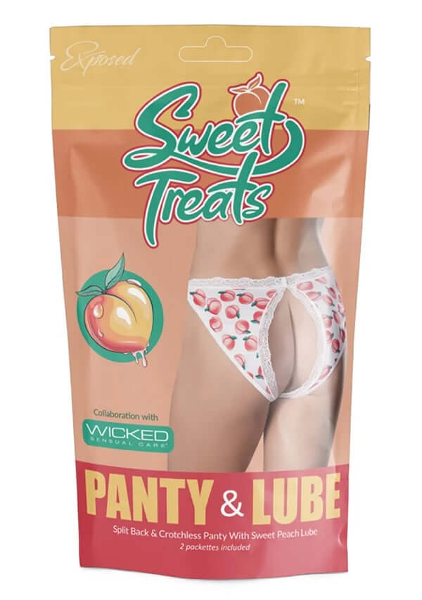 Split Back Crotchless Panty with Edible Lube in Peach - Sweet Treats Packaging