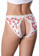 Peach-patterned crotchless split back panty for women in S/M, featuring a playful and seductive design from Sweet Treats Collection