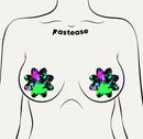 Vibrant Neon Paint Splatter Petal Breast Pasties displayed on a model's torso, featuring bold colors and artistic design.