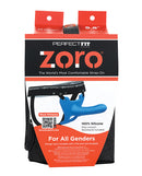 Perfect Fit Zoro 6.5 Inch Strap On with Case Blue packaging, highlighting the 100% silicone strap-on.
