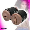 Mistress Double Shot Mouth and Pussy Stroker Dark showcasing dual openings for pleasure in a compact design.