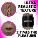 Mistress Double Shot Mouth and Pussy Stroker Dark with ultra realistic texture for double the pleasure.