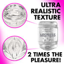 Ultra realistic texture of Mistress Double Shot Mouth and Pussy Stroker Clear showcasing two entrances for pleasure.