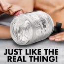 Mistress Double Shot Mouth and Pussy Stroker Clear shows realistic design and textured tunnel for enhanced pleasure.