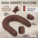 Jock 17.75 Inch Dual Density Double Dildo Dark with realistic texture and dual density silicone features.
