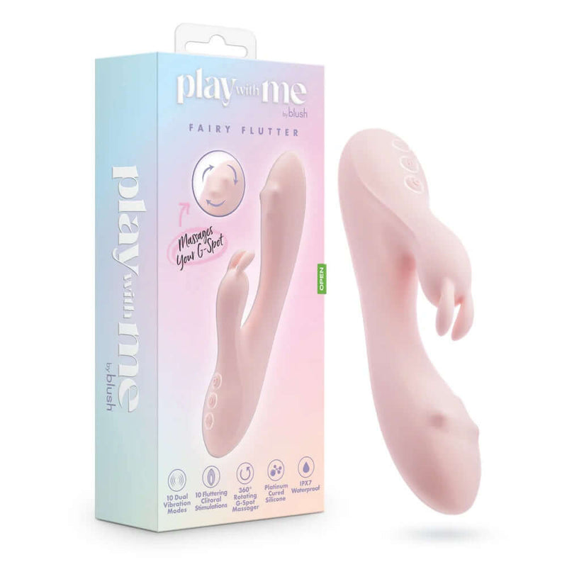 Play With Me Fairy Flutter - Pink 360° Rotating Rabbit Massager in packaging, featuring 10 dual vibration modes for G-spot and clitoral pleasure.